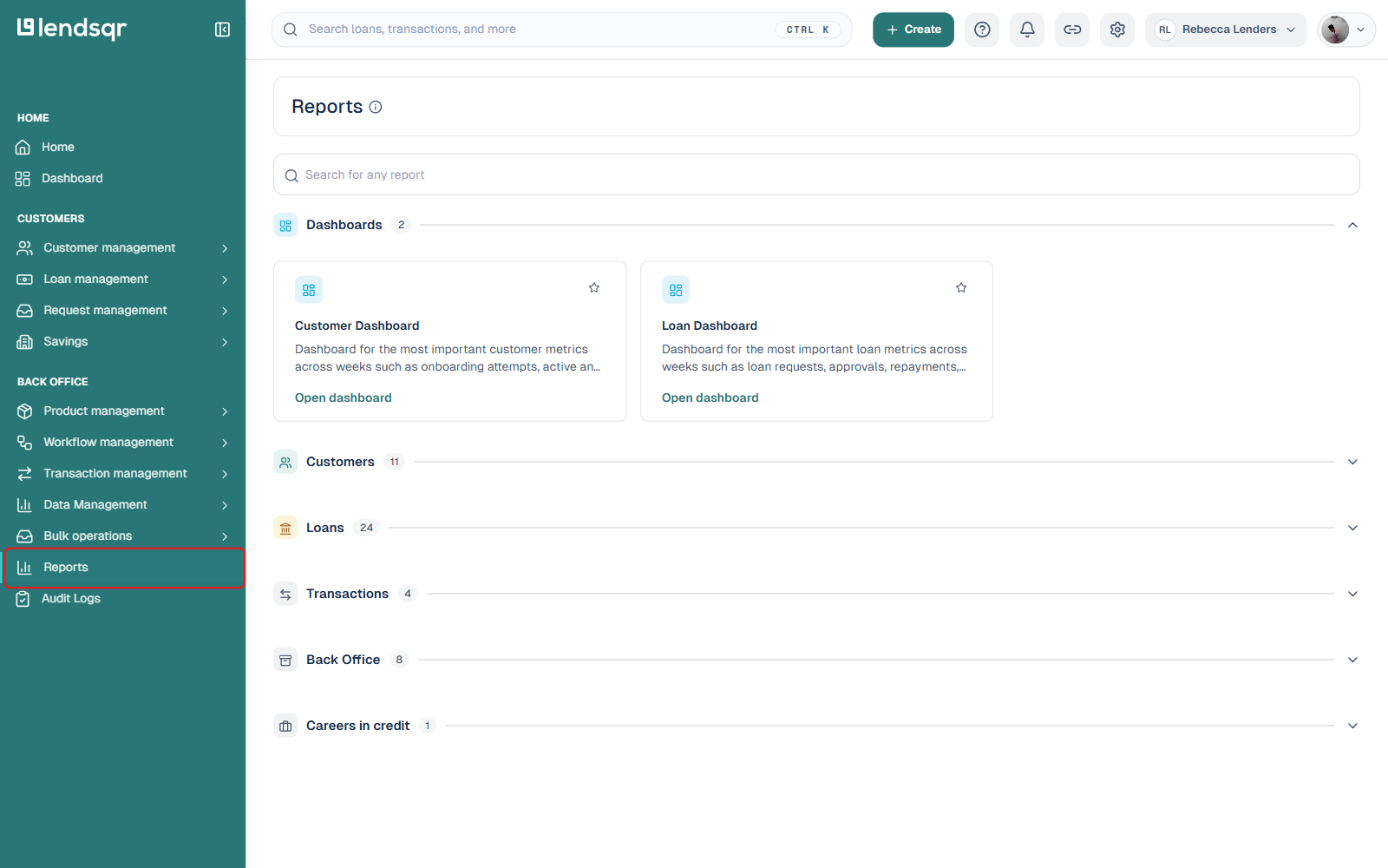 Reports sidebar item boxed, with report categories listed below