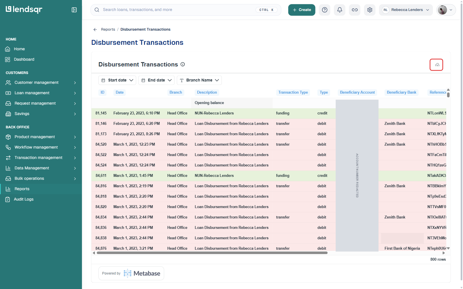 Disbursement Transactions report table loaded with data, Beneficiary Account column redacted and the Download results button boxed
