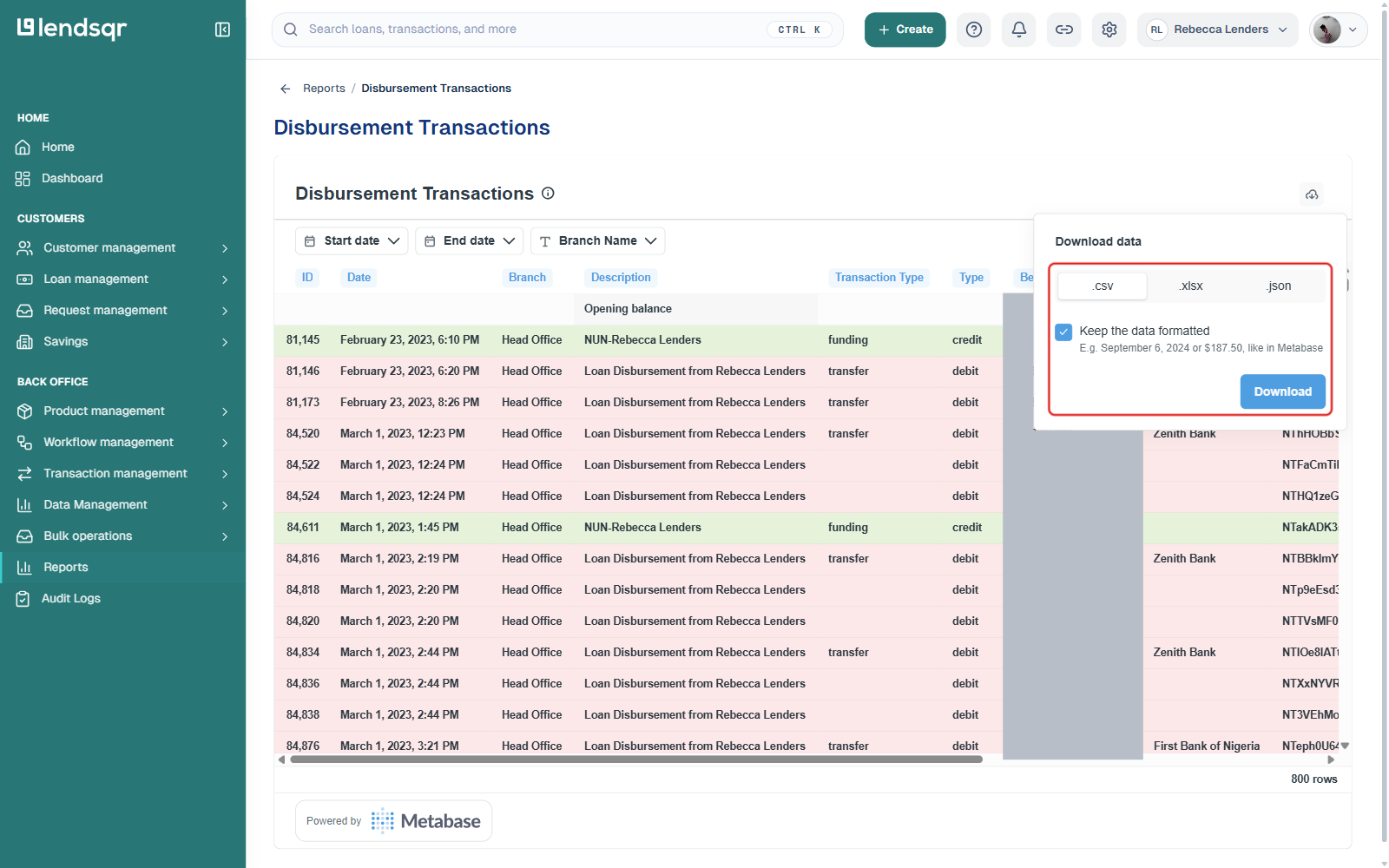 Download data dialog showing .csv, .xlsx, and .json format options and the Download button boxed, with the Beneficiary Account column redacted in the background