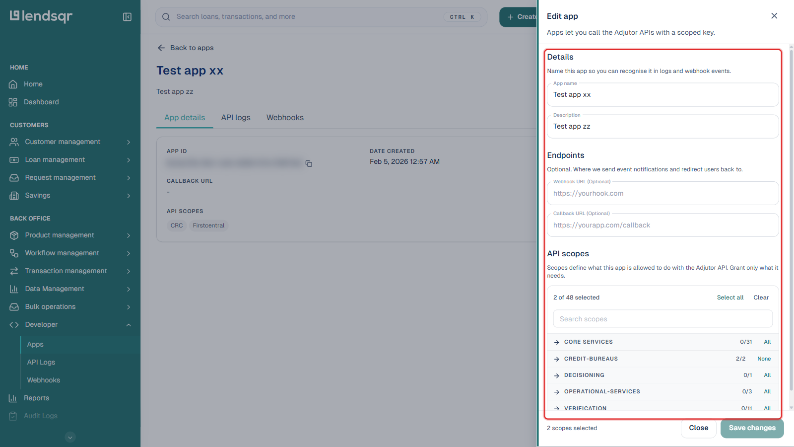Lendsqr admin console Edit app panel under Developer, boxed in red, showing App name, Description, Webhook URL, Callback URL, and categorized API scopes for the API