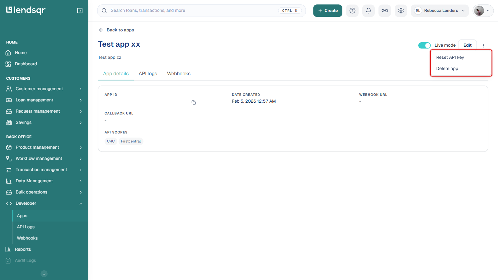 Lendsqr admin console app detail page under Developer, with the actions menu open showing Reset API key and Delete app, boxed in red