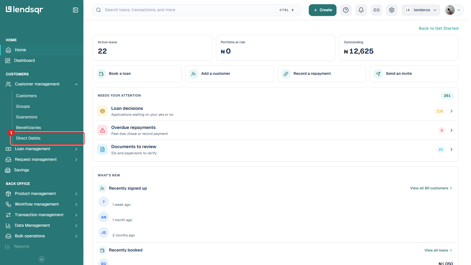 Home dashboard with the Customer management sidebar expanded and the Direct Debits item boxed in red
