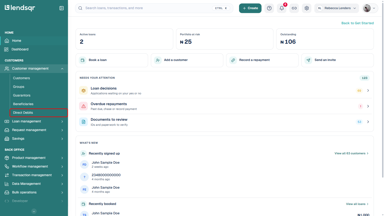 Home dashboard with the Customer management sidebar expanded and the Direct Debits item boxed in red