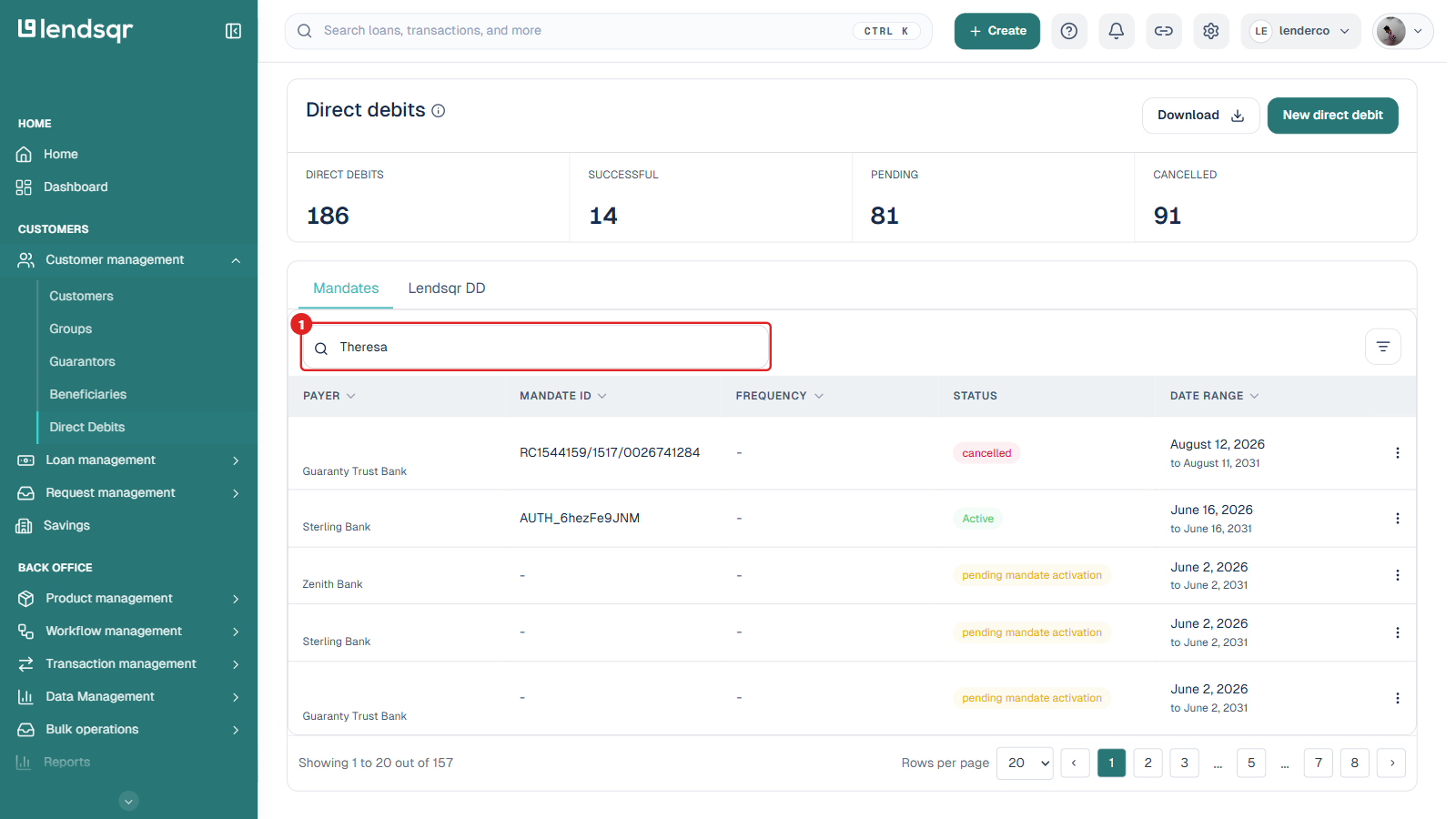 Direct debits page with the search box boxed in red and a customer name entered, filtering the Mandates table to that customer's mandates; payer names blurred