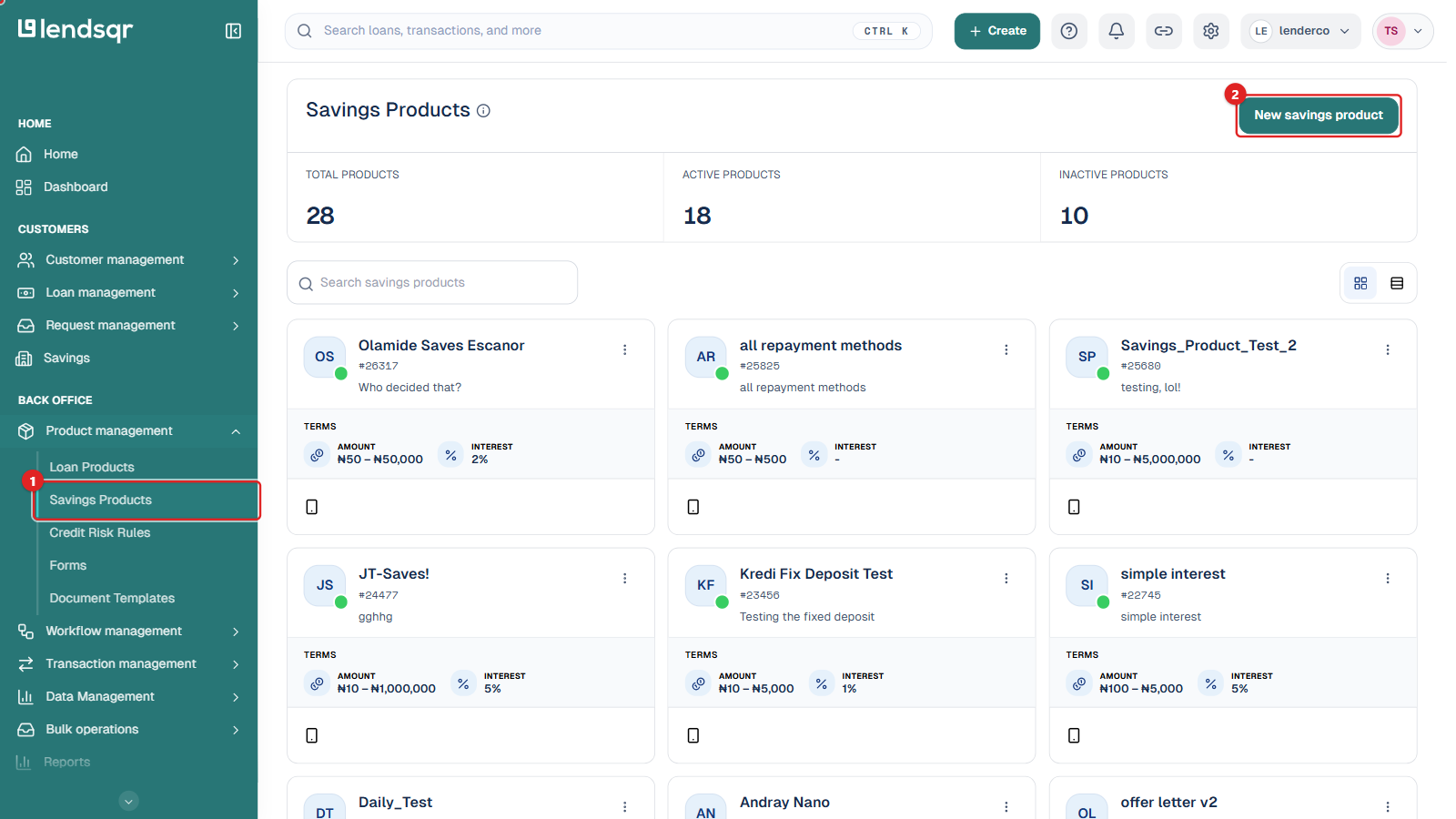 Savings Products page under Product management in the sidebar, with the New savings product button highlighted