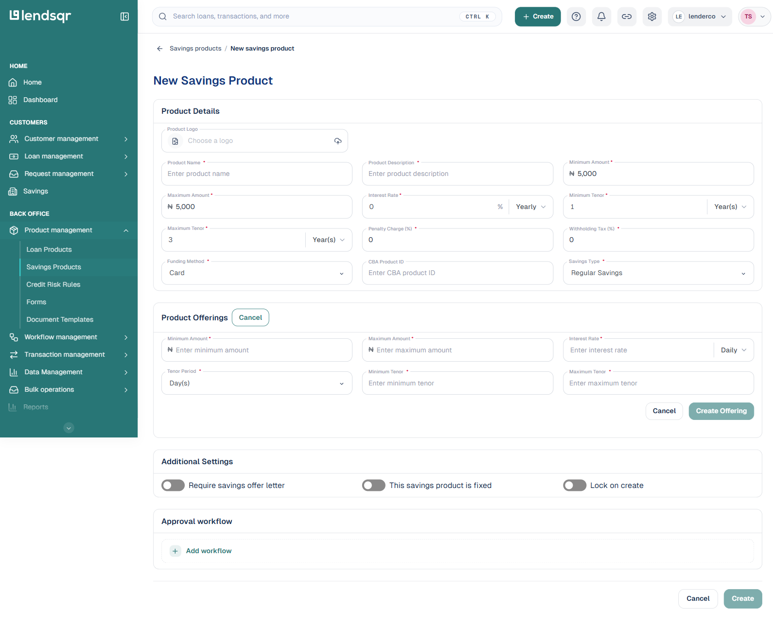 New Savings Product form with the Add Offering sub-form open, showing minimum and maximum amount, interest rate, tenor period and tenor range fields