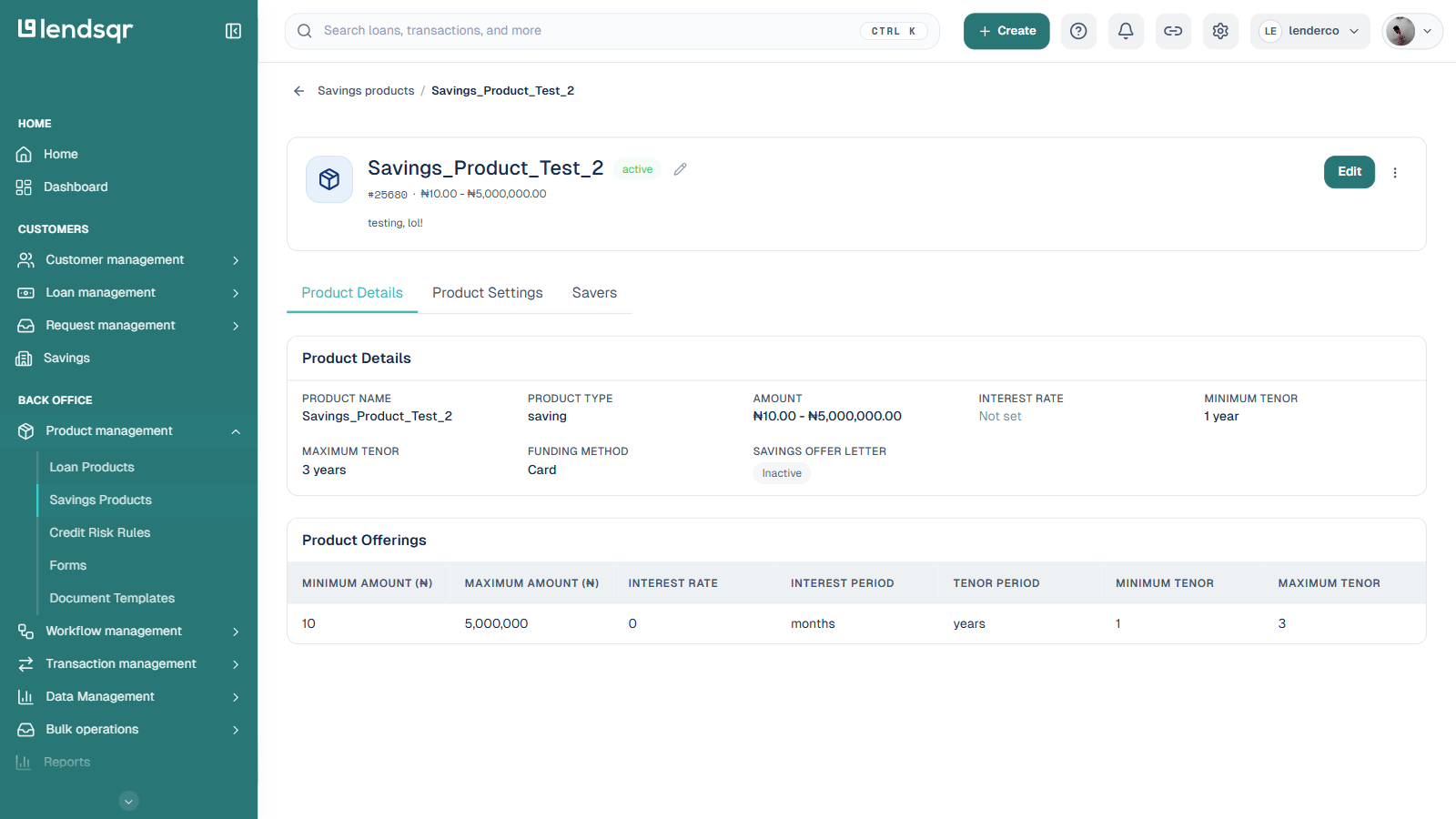 Savings product detail page showing the status chip, Edit button, Product Details fields and the Product Offerings table