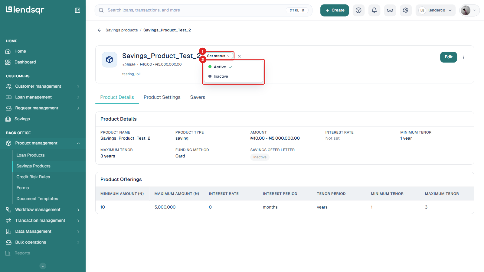 Savings product detail page with the Set status dropdown open showing Active and Inactive options next to the product name
