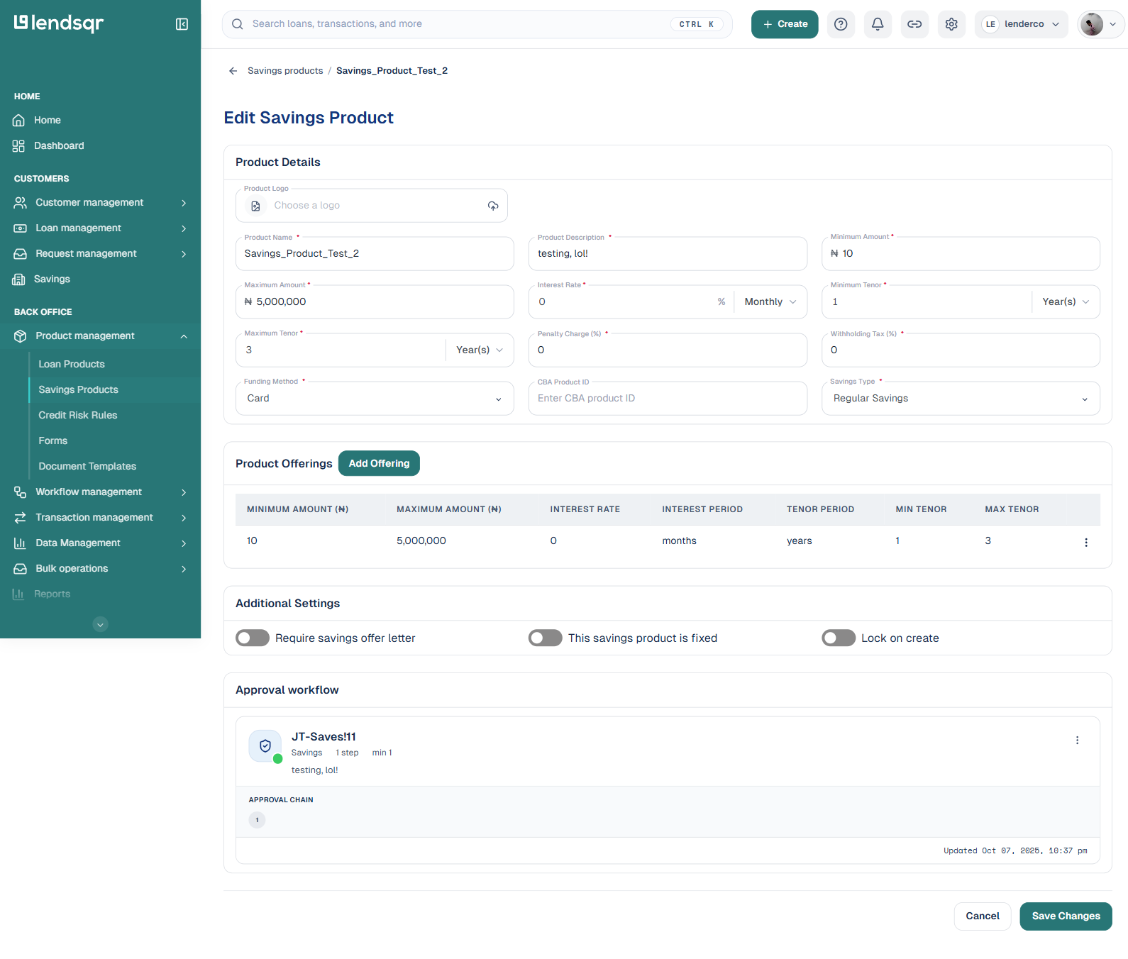 Edit Savings Product form with pre-filled product details, product offerings table, additional settings toggles and a Save Changes button