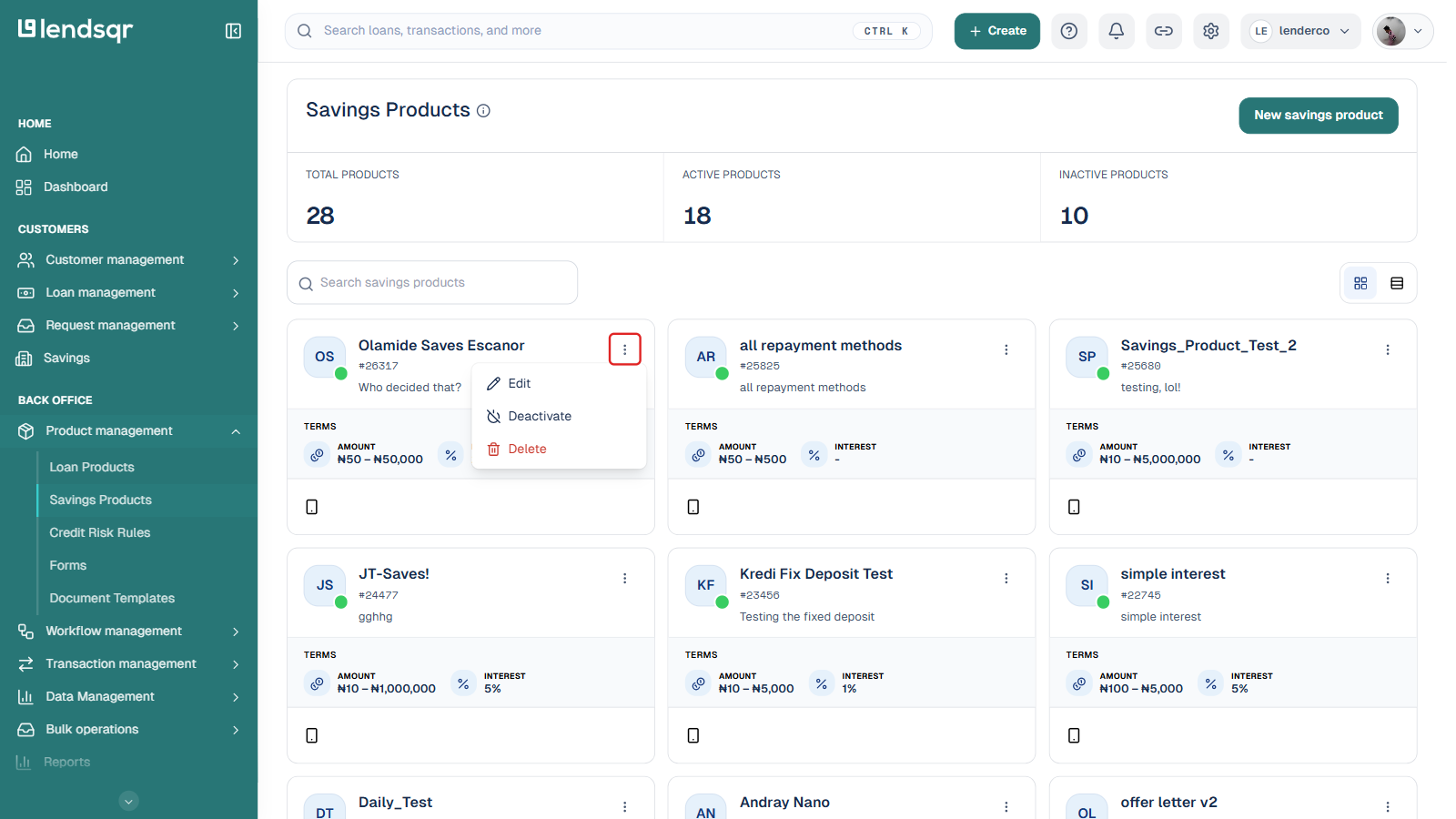 Savings Products list with a product card's actions menu open, showing Edit, Deactivate, and Delete options