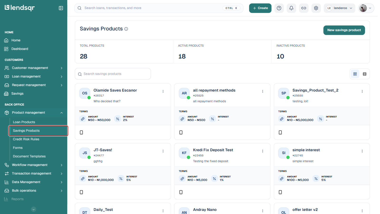 Savings Products page under Product management in the sidebar, with the Savings Products sidebar item boxed in red