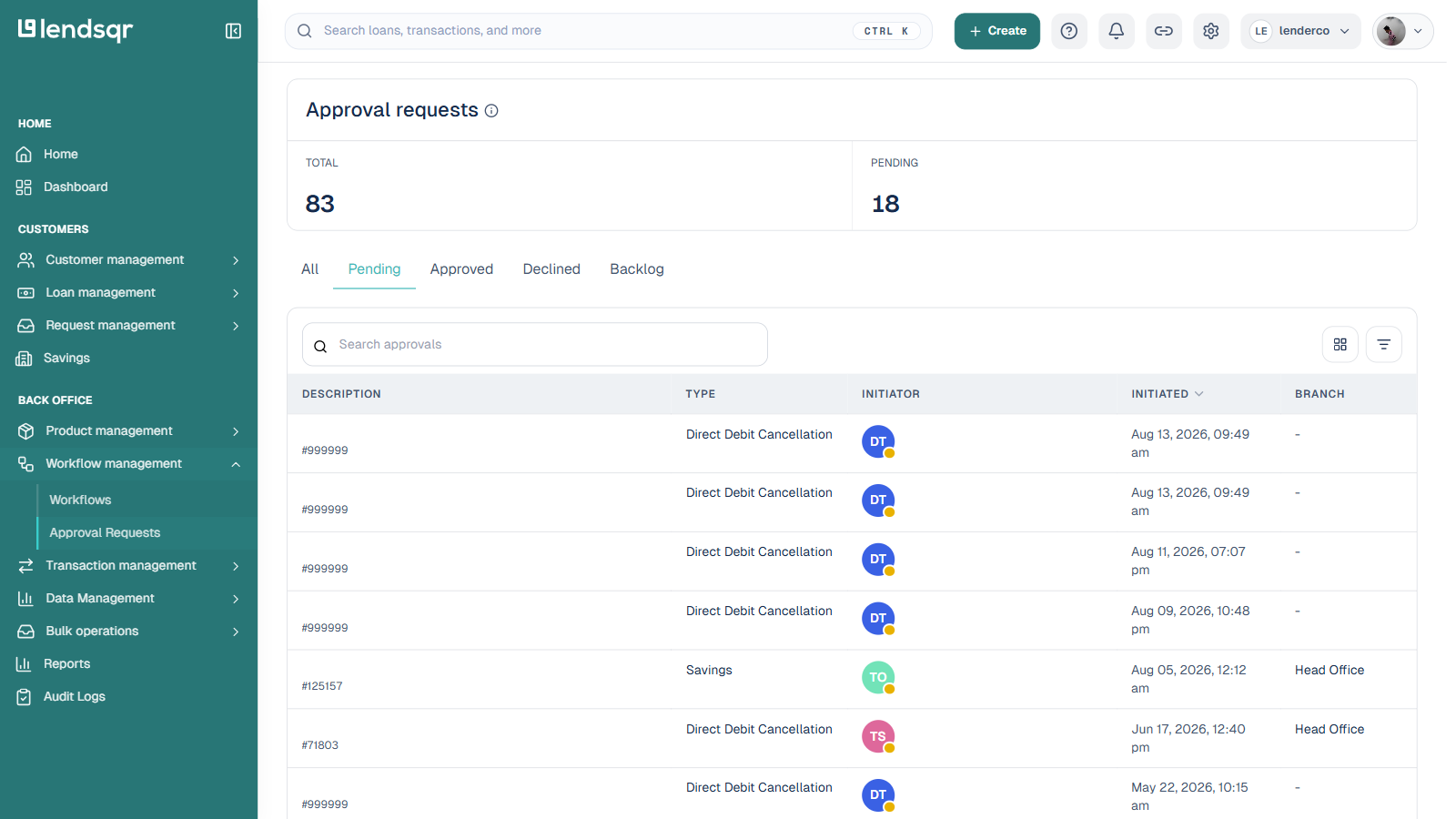Approval Requests page in the Lendsqr admin console with tabs for All, Pending, Approved, Declined and Backlog, listing pending Direct Debit Cancellation and Savings requests; initiator names blurred