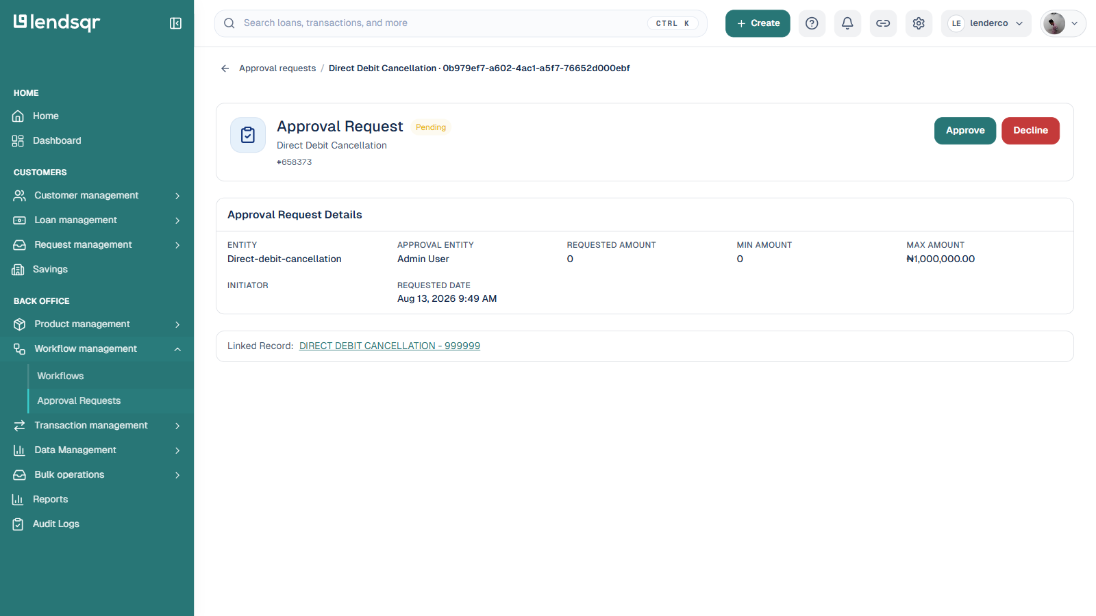 Approval Request detail page for a pending Direct Debit Cancellation request, showing the Approve and Decline buttons and the Approval Request Details panel; initiator blurred