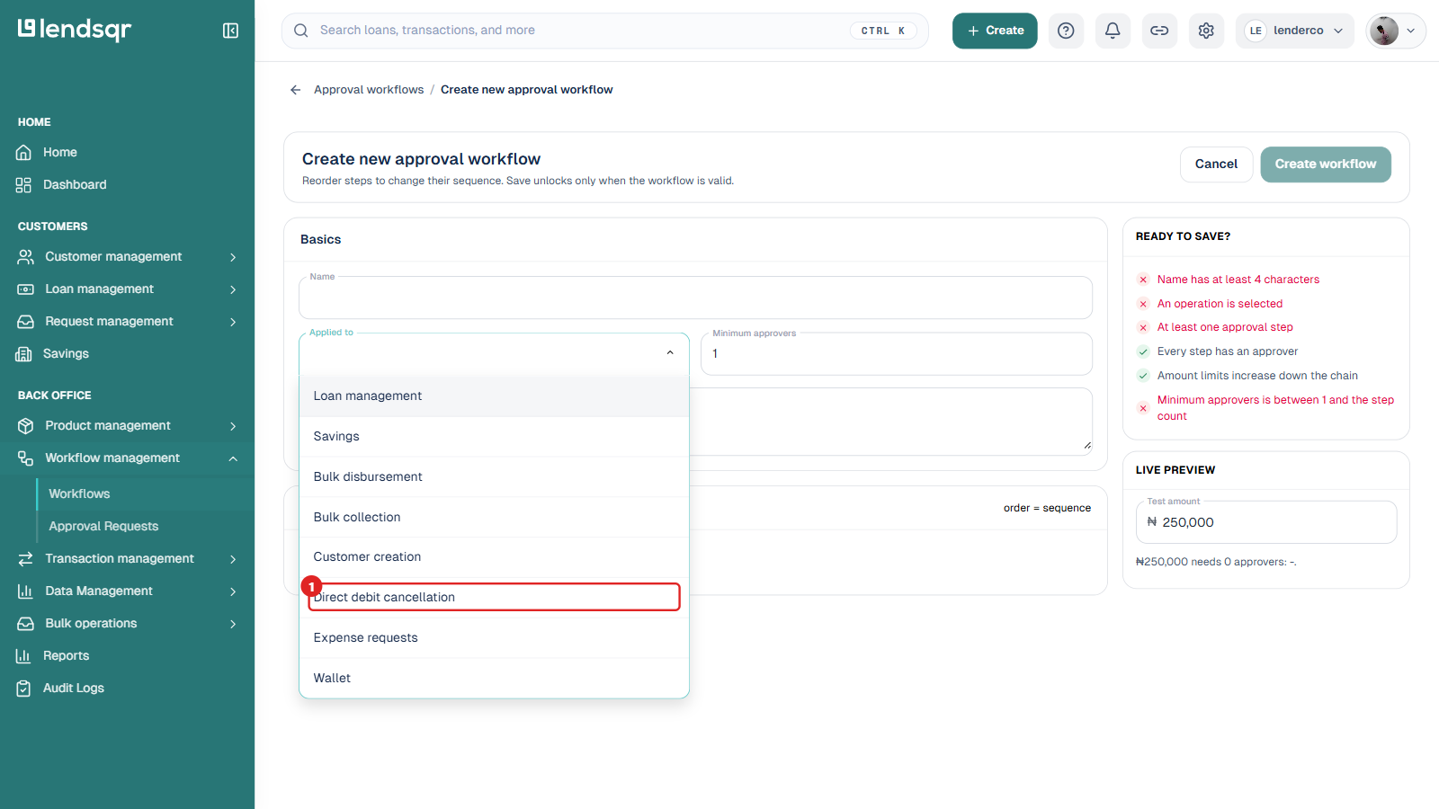 Create new approval workflow page with the Applied to dropdown open, showing all operation options with Direct debit cancellation boxed in red