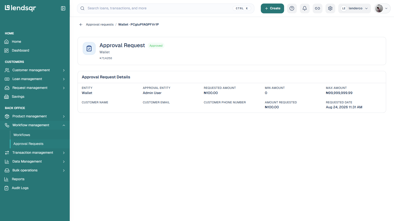 Approval Request detail page for a Wallet withdrawal request showing the Approval Request Details panel with amount and customer fields; customer name, email and phone blurred