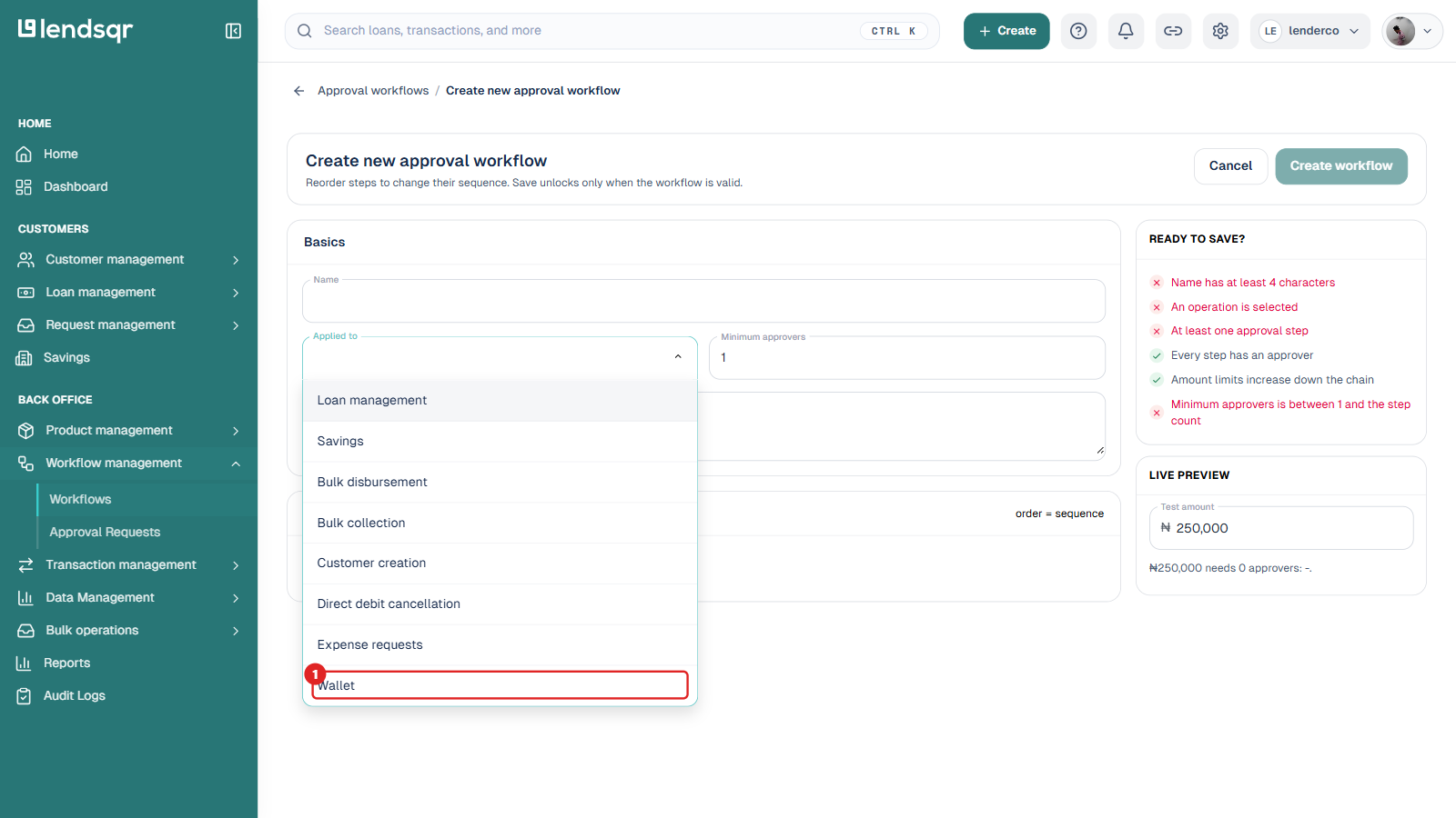 Create new approval workflow page with the Applied to dropdown open, showing all operation options with Wallet boxed in red