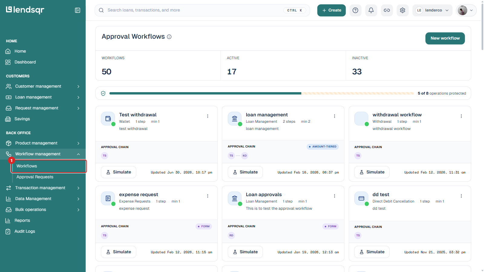 Workflow management expanded in the sidebar with the Workflows item boxed, opening the Approval Workflows page showing existing workflow cards