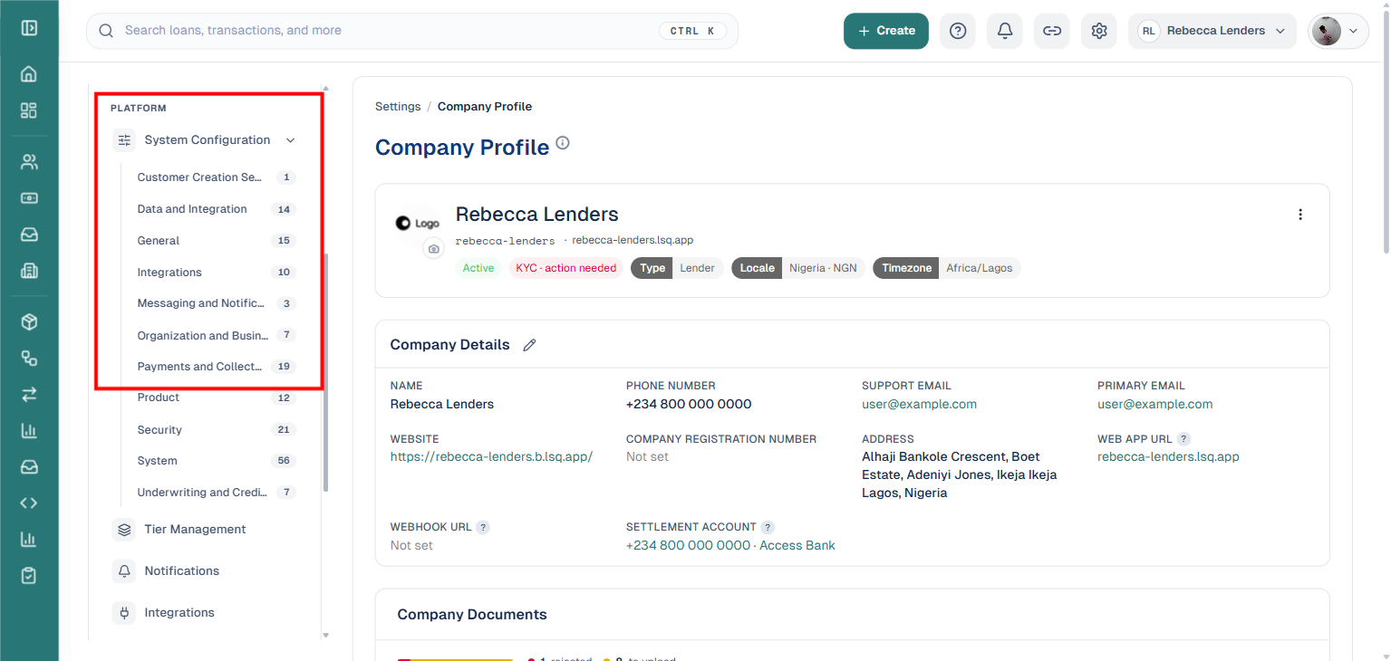 Settings sidebar with System Configuration expanded under Platform, boxed, showing the Payments and Collection category link among the eleven categories