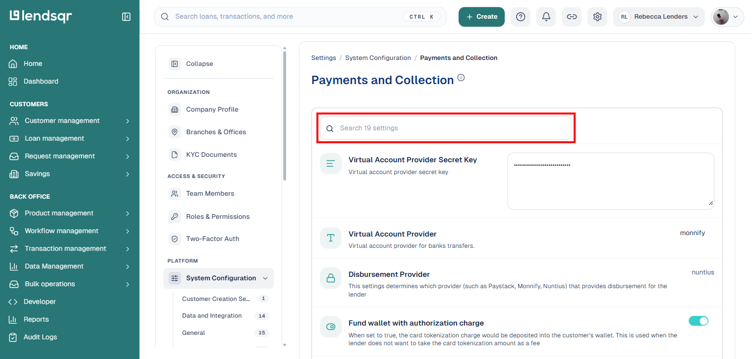 Payments and Collection category page with the search box boxed, before searching for a specific setting
