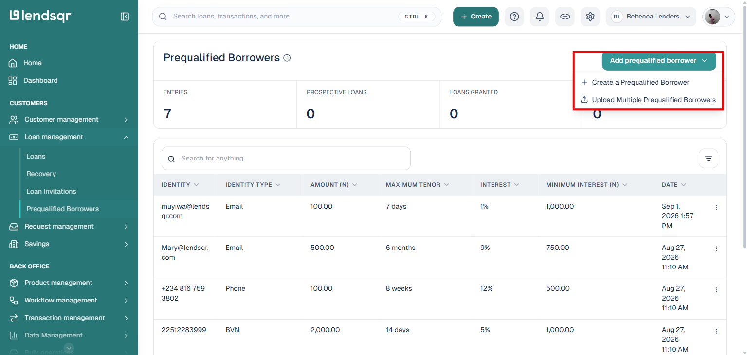 Prequalified Borrowers page with the Add prequalified borrower menu open, showing single-entry and bulk-upload options