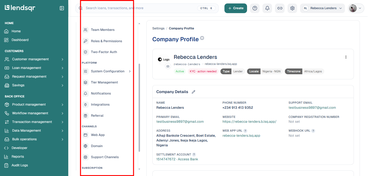 Settings sidebar scrolled to show the Platform group fully expanded along with the Channels and Subscription groups, boxed