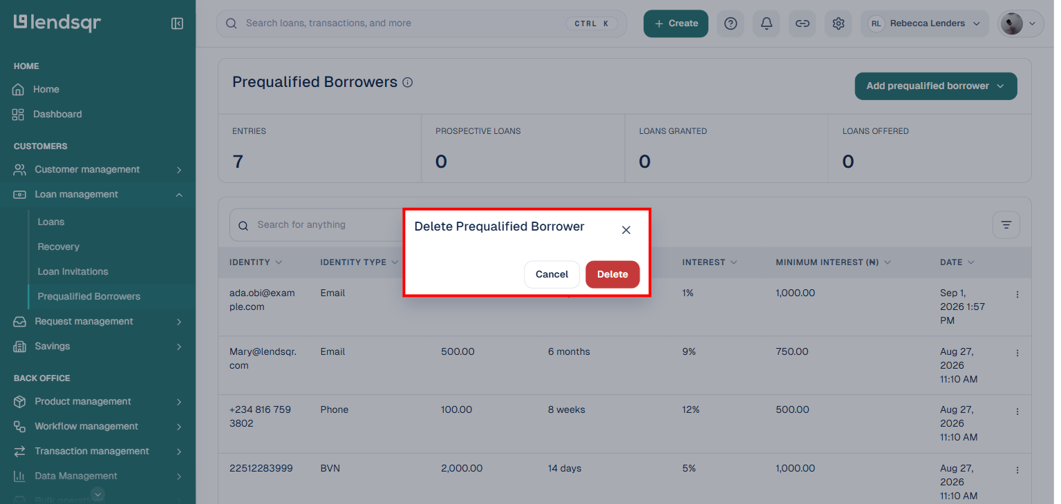 Delete Prequalified Borrower confirmation dialog with Cancel and Delete buttons (sample data)