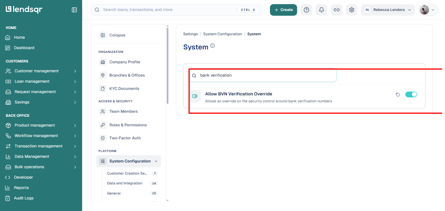 System settings searched for bank verification, showing the Allow BVN Verification Override toggle, fully boxed with no text cut off