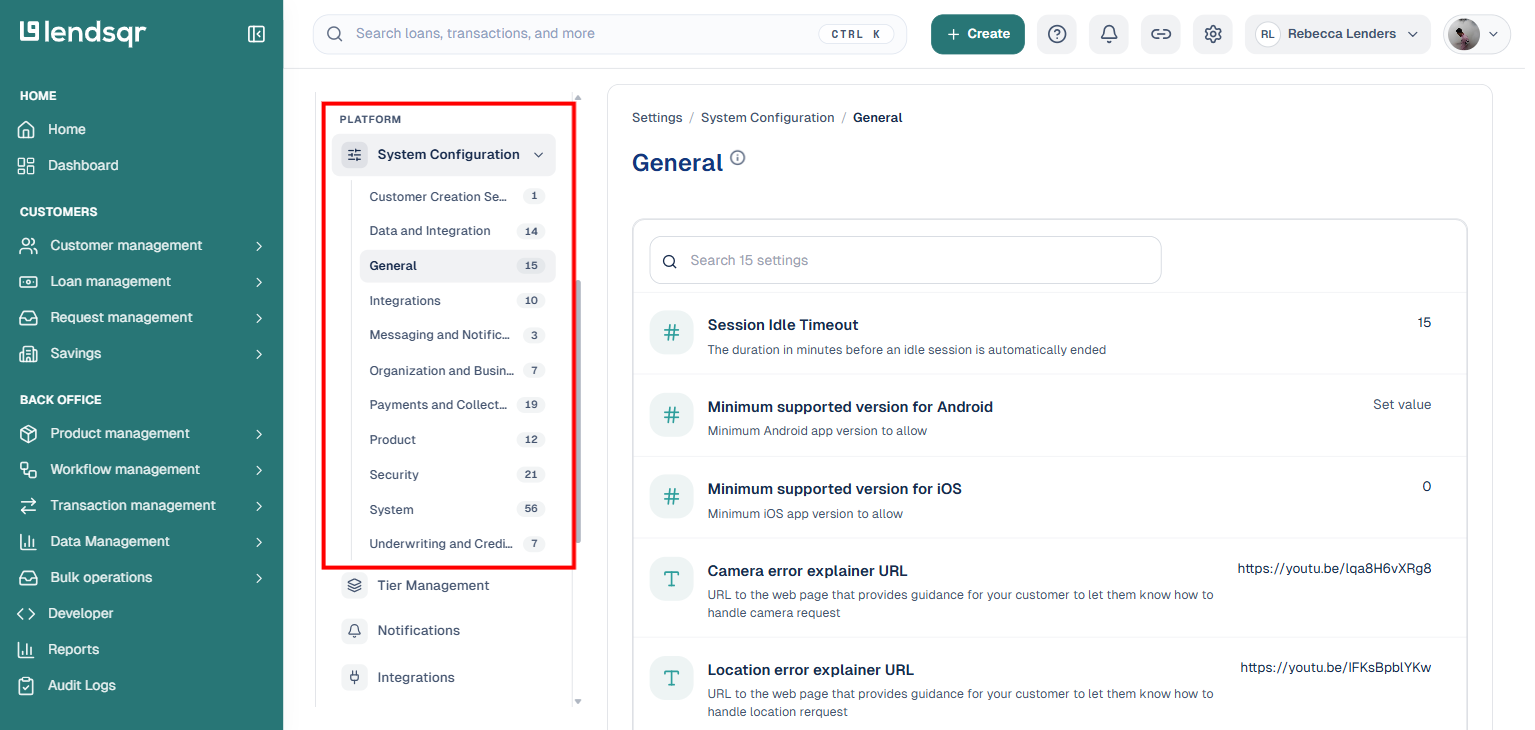 System Configuration expanded in the Platform group of Settings, showing all eleven category links: Customer Creation Settings, Data and Integration, General, Integrations, Messaging and Notifications, Organization and Business Profile, Payments and Collection, Product, Security, System, and Underwriting and Credit Risk, boxed