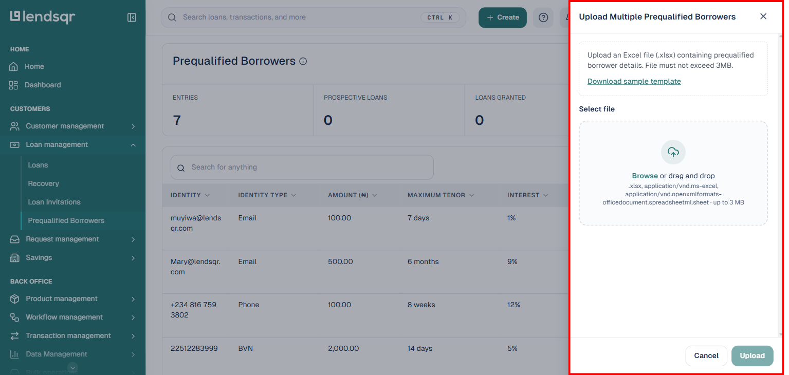 Upload Multiple Prequalified Borrowers dialog with file upload field and Download sample template link